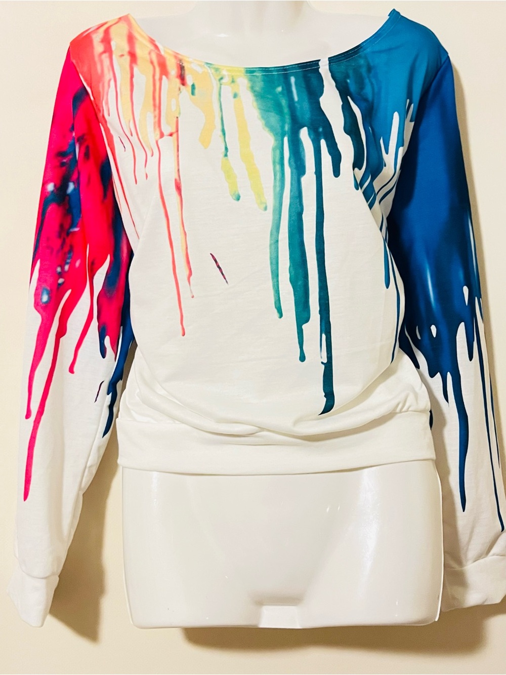 SHEIN White Long-Sleeve Paint Drip Sweatshirt with Multicolor Accents XL NWOT - Picture 4 of 6